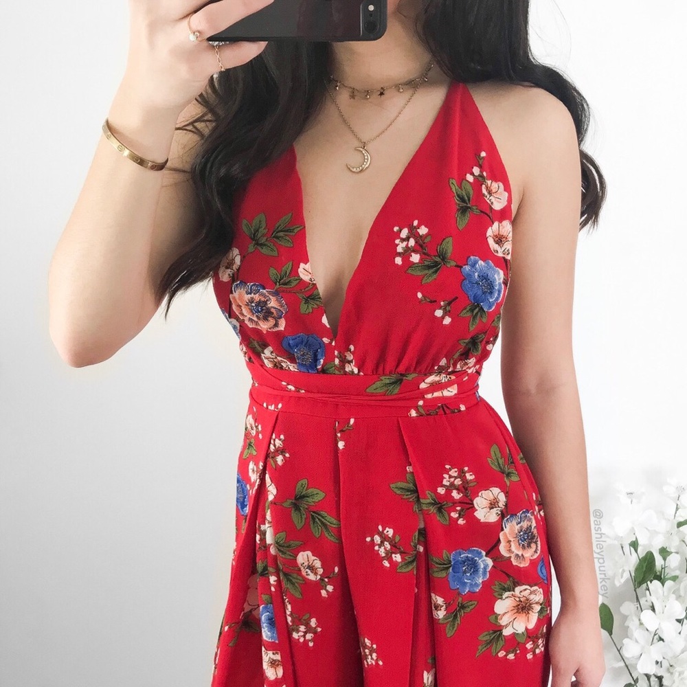 Red blue floral plunge strappy slit leg jumpsuit - Picture 3 of 4